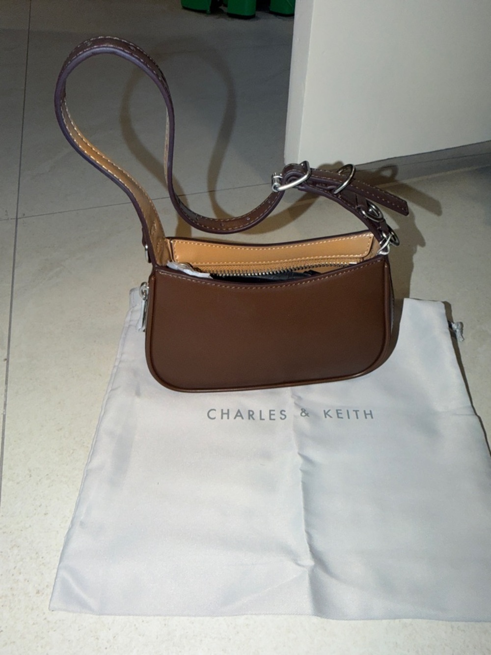 Charles & Keith Brown Mini Shoulder Bag with Tan Interior